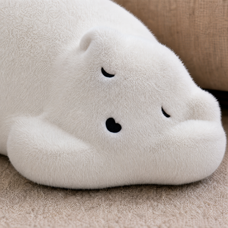 Sleeping Bear Plush Ottoman - White Polar Bear Floor Lounger, 34.4" Long