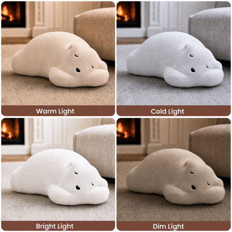 Four panels show a white plush animal-shaped cushion under warm, cold, bright, and dim lighting