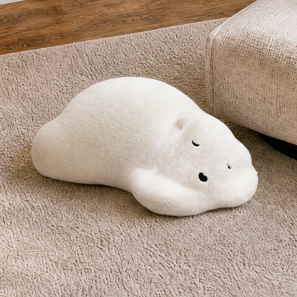 Sleeping Bear Plush Ottoman - White Polar Bear Floor Lounger, 34.4" Long