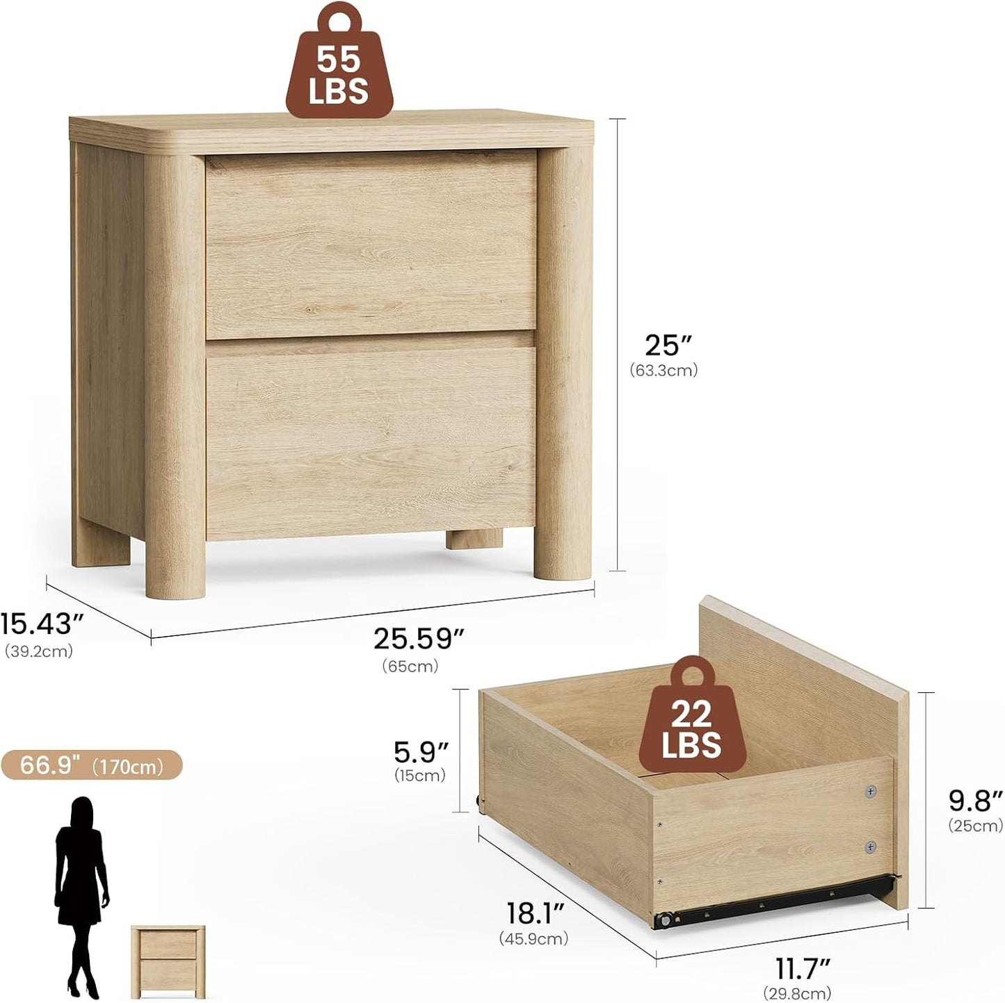 [Pre-Sale] 25.5'' Soft-Edge Natural Wood 2-Drawer Nightstand,Set of 2