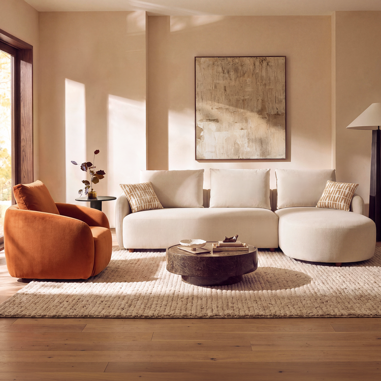 [Pre-sale] Solora 107" Beige Velvet Curved Sectional Sofa with Chaise - Walnut Legs