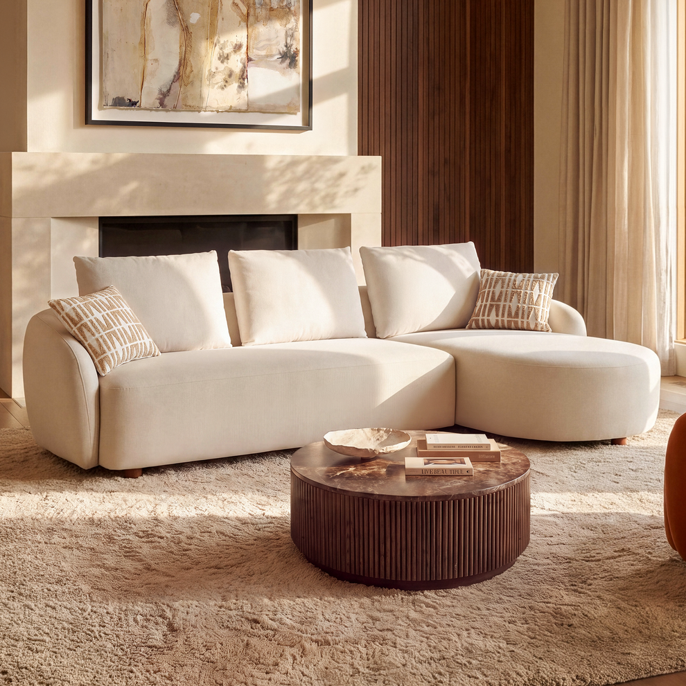 [Pre-sale] Solora 107" Beige Velvet Curved Sectional Sofa with Chaise - Walnut Legs