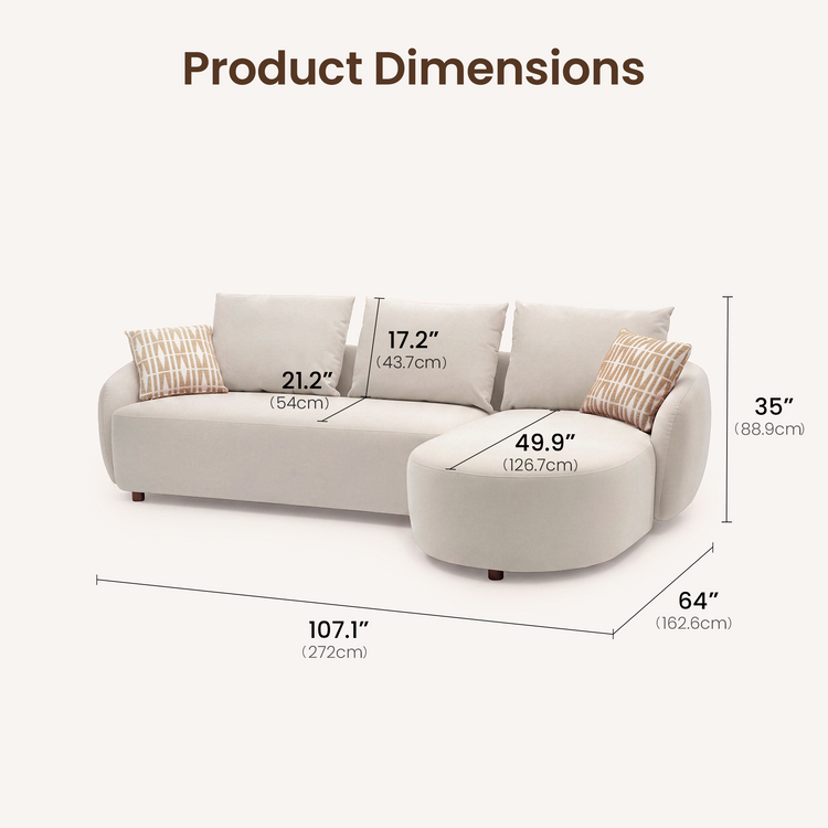 [Pre-sale] Solora 107" Beige Velvet Curved Sectional Sofa with Chaise - Walnut Legs