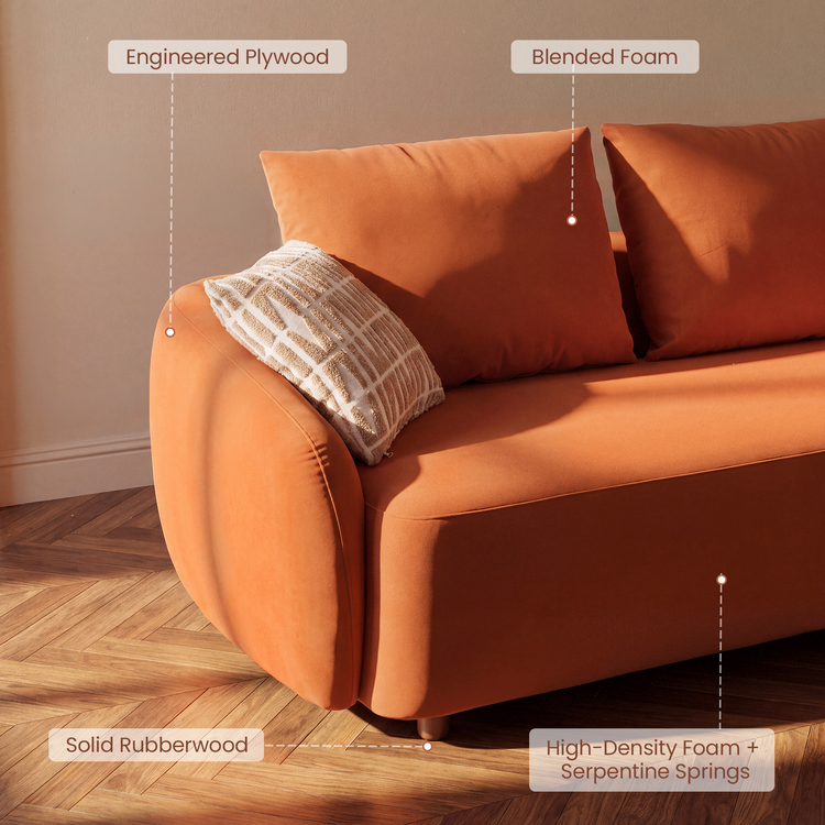 [Pre-sale] Solora 107" Orange Velvet Curved Sectional Sofa with Chaise - Walnut Legs