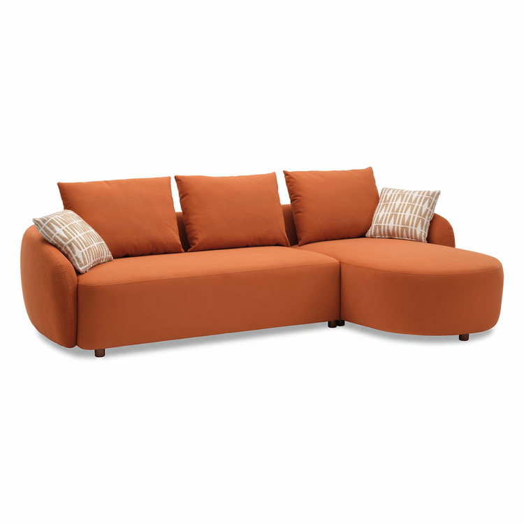 [Pre-sale] Solora 107" Orange Velvet Curved Sectional Sofa with Chaise - Walnut Legs