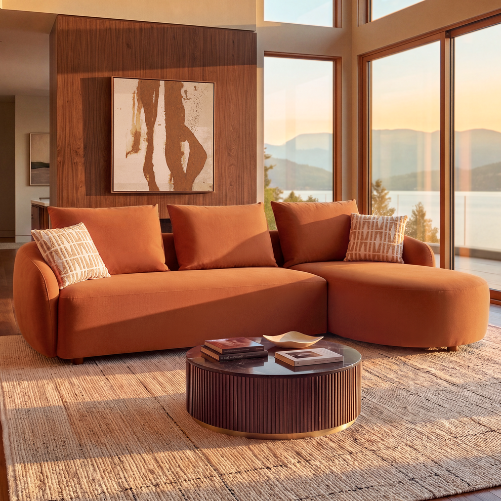 [Pre-sale] Solora 107" Orange Velvet Curved Sectional Sofa with Chaise - Walnut Legs