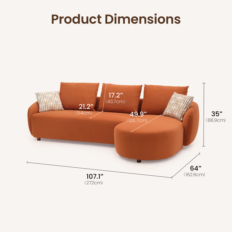 [Pre-sale] Solora 107" Orange Velvet Curved Sectional Sofa with Chaise - Walnut Legs