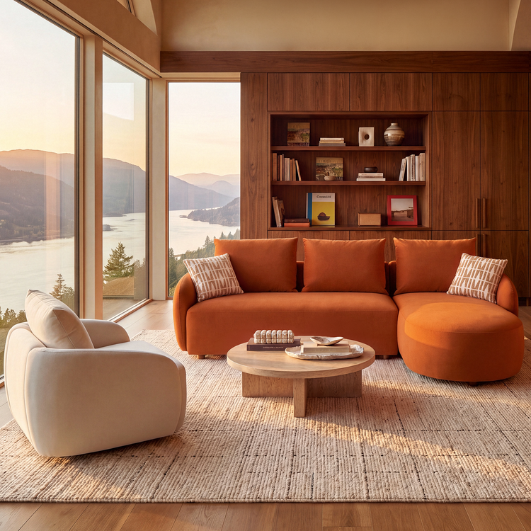 [Pre-sale] Solora 107" Orange Velvet Curved Sectional Sofa with Chaise - Walnut Legs