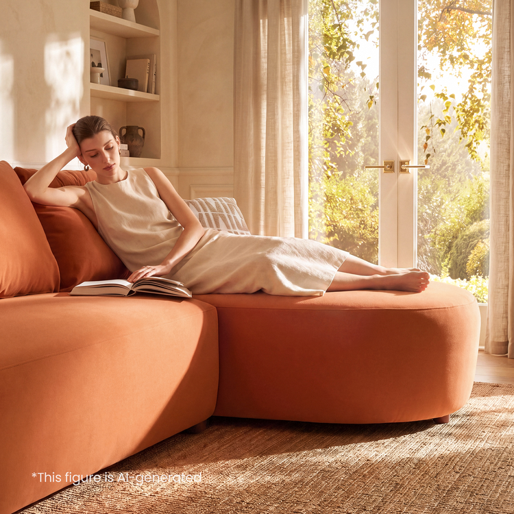 [Pre-sale] Solora 107" Orange Velvet Curved Sectional Sofa with Chaise - Walnut Legs