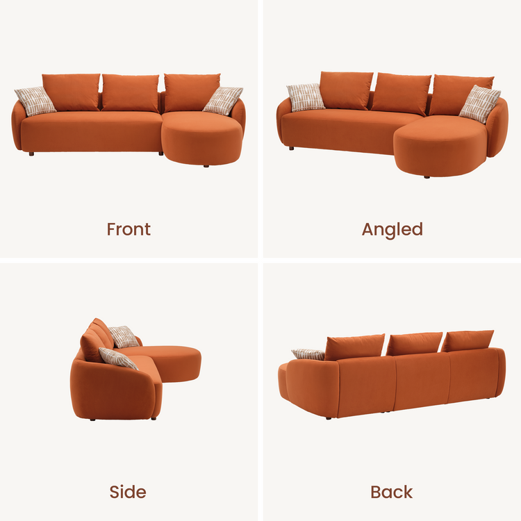 [Pre-sale] Solora 107" Orange Velvet Curved Sectional Sofa with Chaise - Walnut Legs