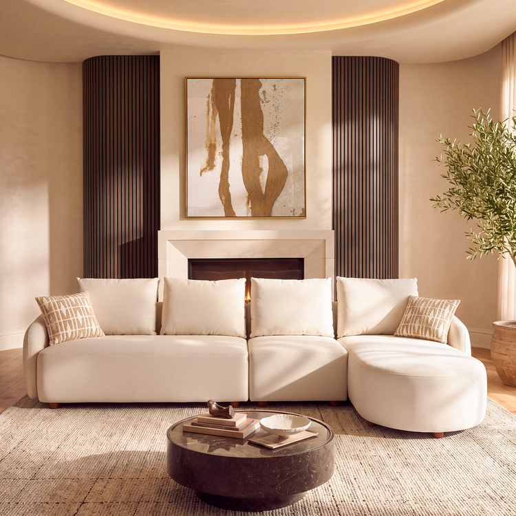 [Pre-sale] Solora 137" Beige Velvet Curved Sectional Sofa with Chaise - Walnut Legs