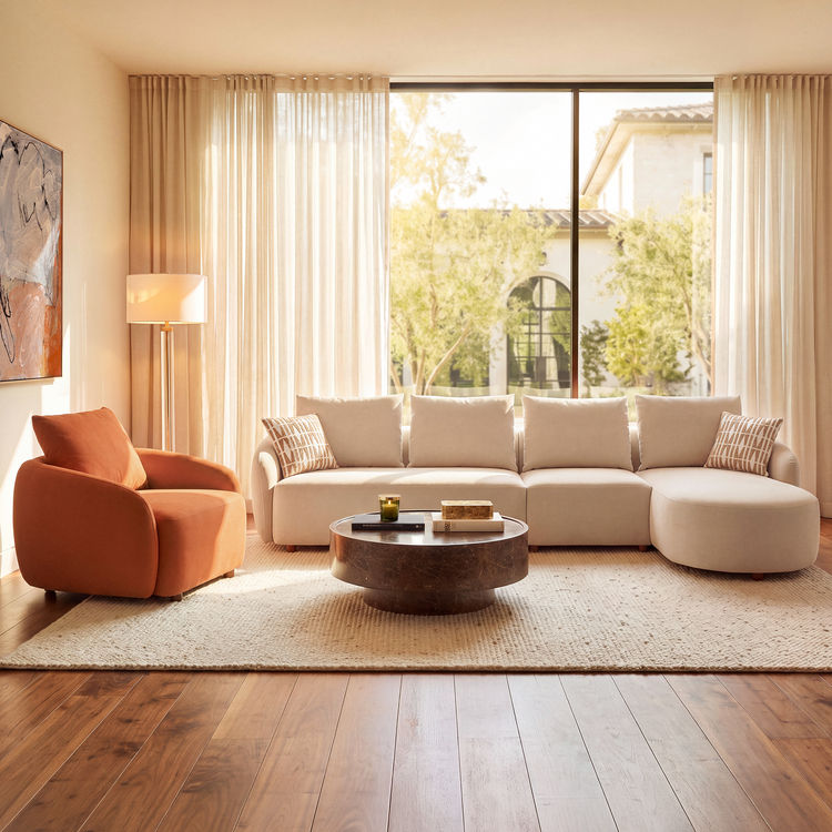 [Pre-sale] Solora 137" Beige Velvet Curved Sectional Sofa with Chaise - Walnut Legs