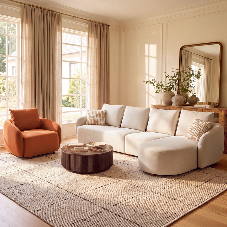 [Pre-sale] Solora 137" Beige Velvet Curved Sectional Sofa with Chaise - Walnut Legs