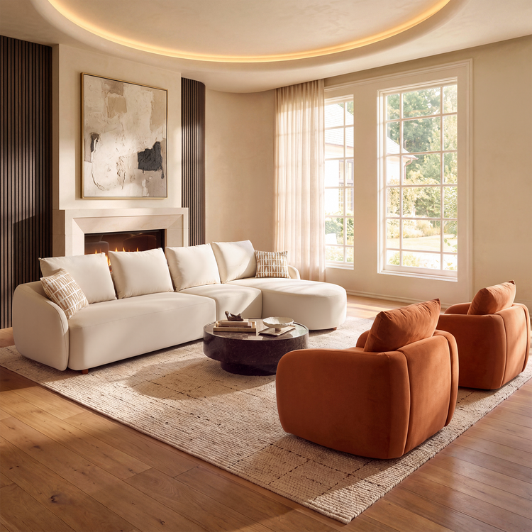 [Pre-sale] Solora 137" Beige Velvet Curved Sectional Sofa with Chaise - Walnut Legs