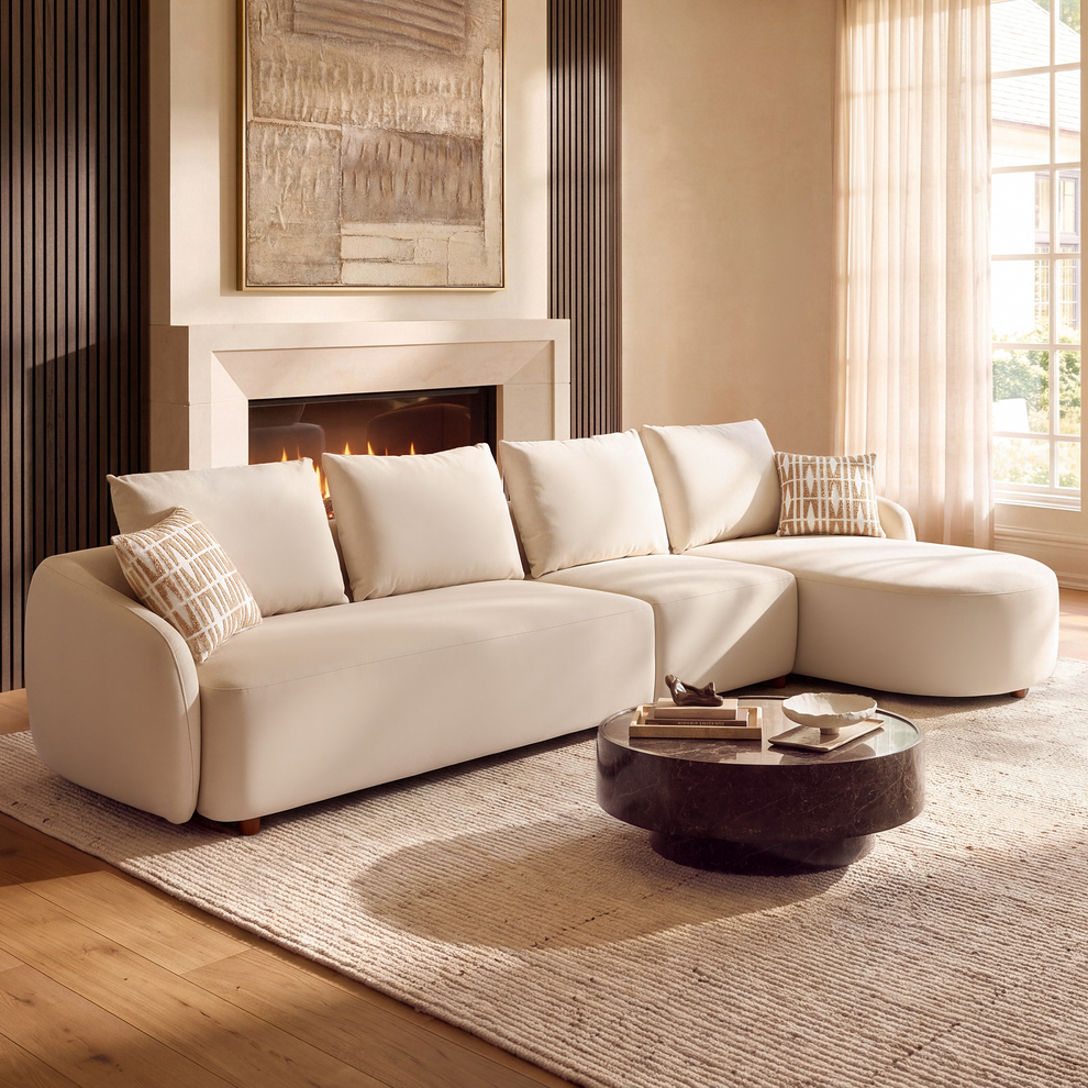 [Pre-sale] Solora 137" Beige Velvet Curved Sectional Sofa with Chaise - Walnut Legs