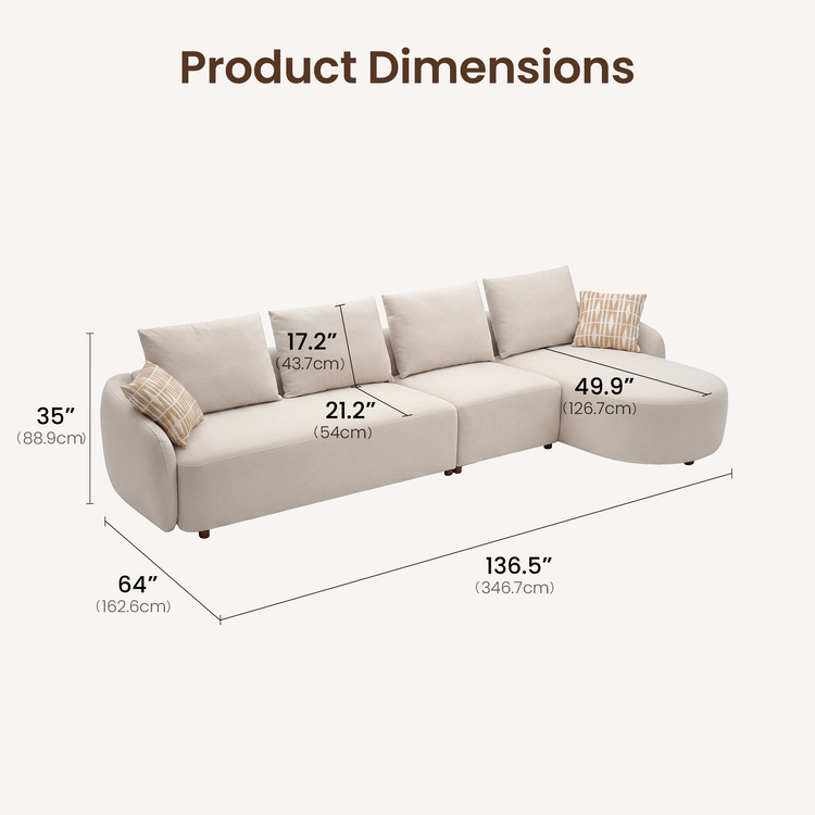 [Pre-sale] Solora 137" Beige Velvet Curved Sectional Sofa with Chaise - Walnut Legs