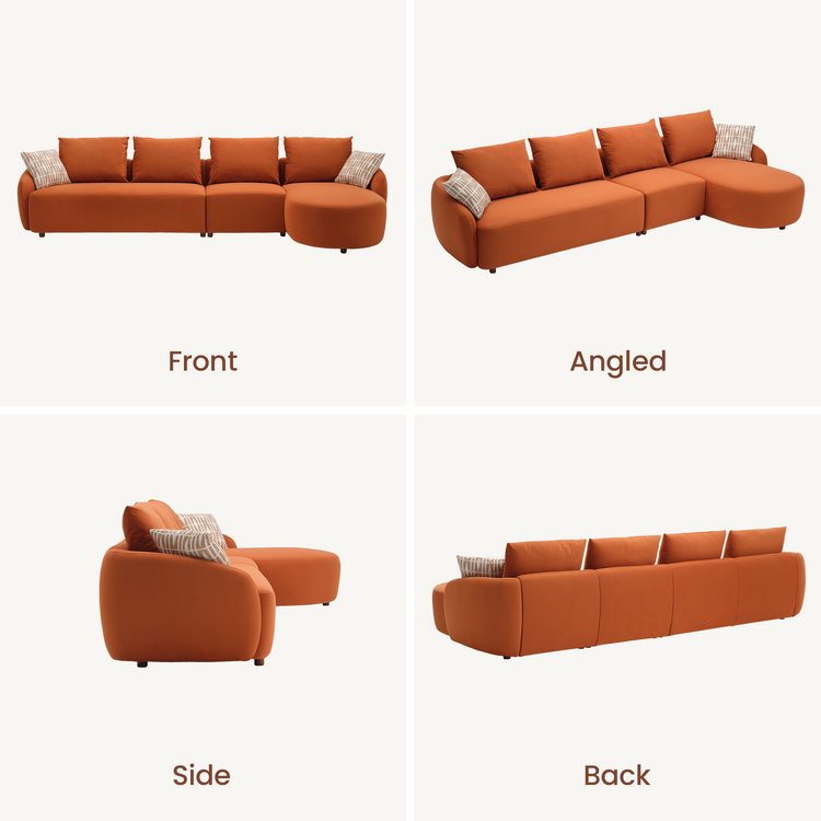 [Pre-sale] Solora 137" Orange Velvet Curved Sectional Sofa with Chaise - Walnut Legs