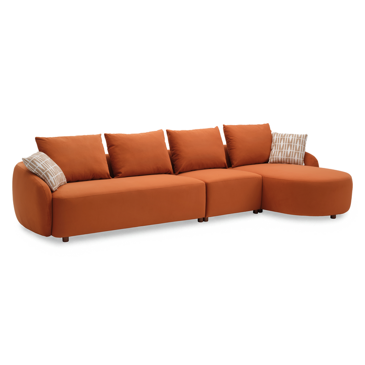 [Pre-sale] Solora 137" Orange Velvet Curved Sectional Sofa with Chaise - Walnut Legs
