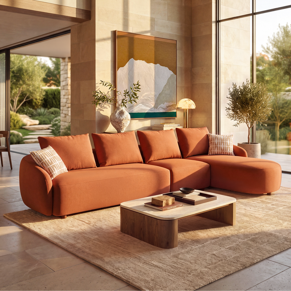 [Pre-sale] Solora 137" Orange Velvet Curved Sectional Sofa with Chaise - Walnut Legs
