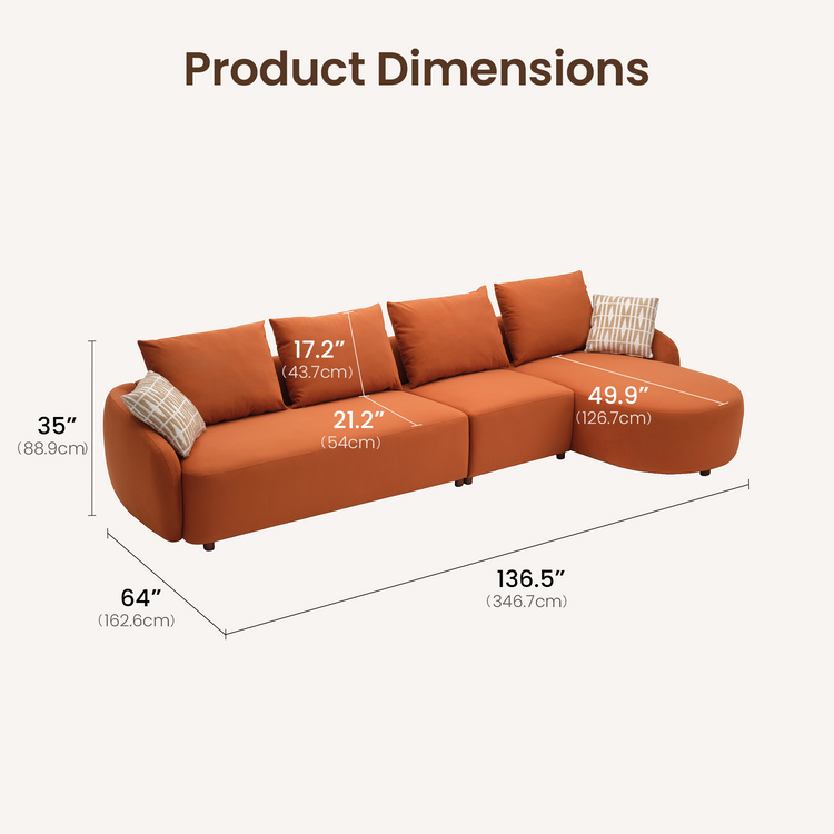 [Pre-sale] Solora 137" Orange Velvet Curved Sectional Sofa with Chaise - Walnut Legs
