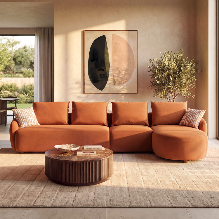 [Pre-sale] Solora 137" Orange Velvet Curved Sectional Sofa with Chaise - Walnut Legs