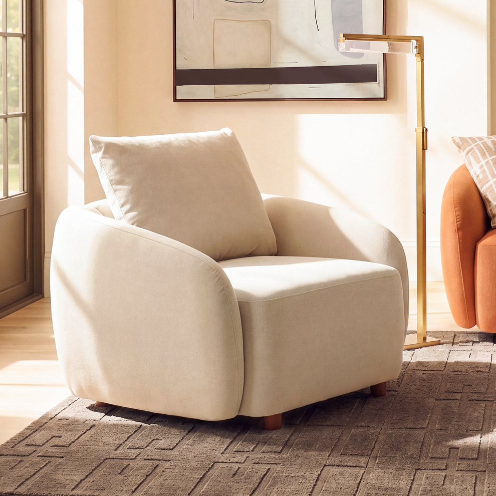 [Pre-sale] Solora 37" Beige Velvet Curved Accent Chair - Walnut Legs