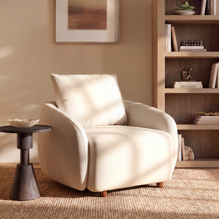 [Pre-sale] Solora 37" Beige Velvet Curved Accent Chair - Walnut Legs