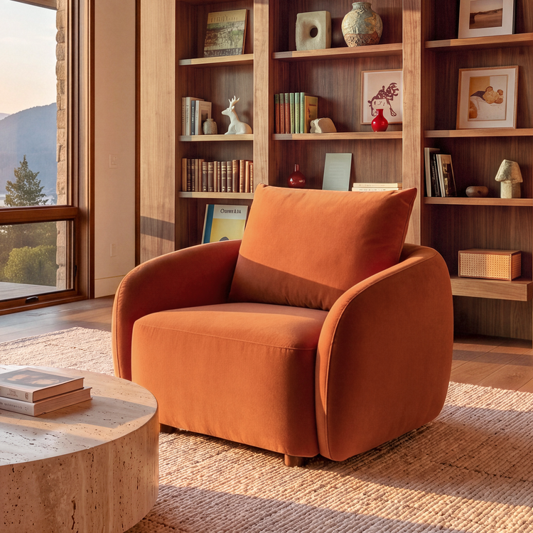 [Pre-sale] Solora 37" Orange Velvet Curved Accent Chair - Walnut Legs