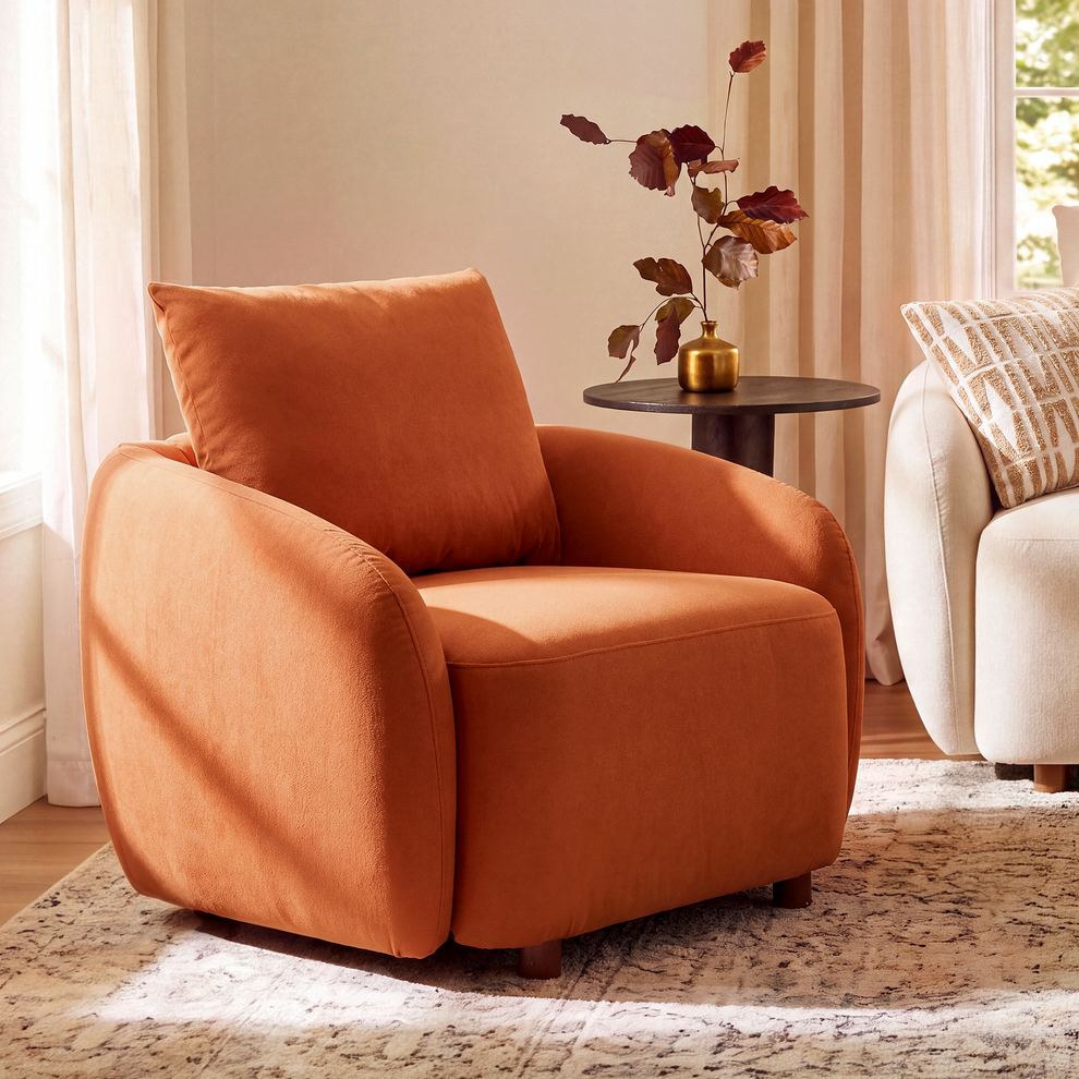[Pre-sale] Solora 37" Orange Velvet Curved Accent Chair - Walnut Legs
