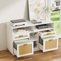 The cabinet has multiple drawers, open cubbies, and a larger compartment with hanging file folders