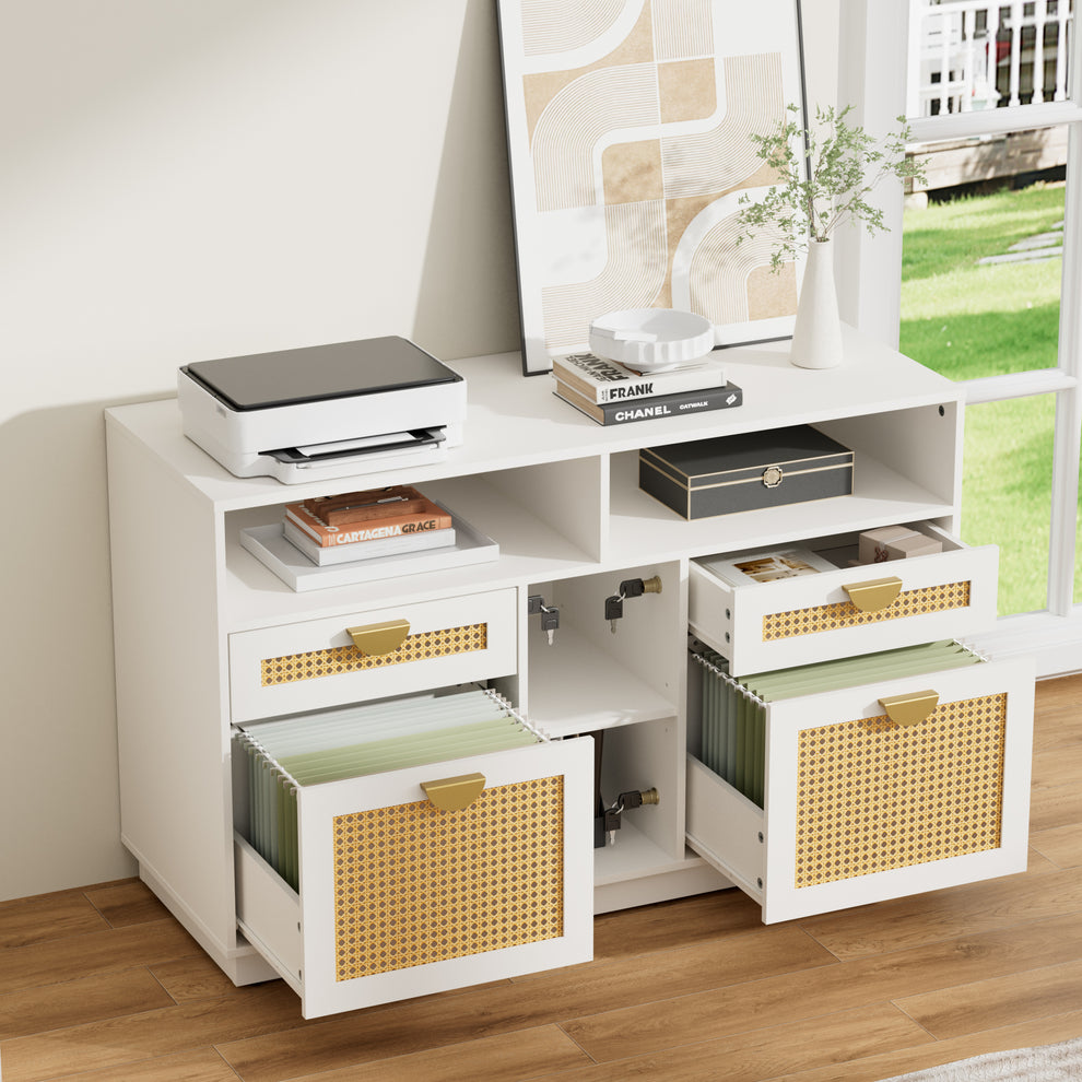 The cabinet has multiple drawers, open cubbies, and a larger compartment with hanging file folders