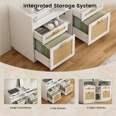 The graphic labels the cabinet Integrated Storage System and highlights a Large Countertop, 2 File Drawer, and 4 Open Shelves