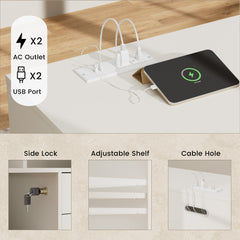 Feature graphic shows a recessed connection panel, plugged cables, a device, a lock, shelf rails, and a cable opening