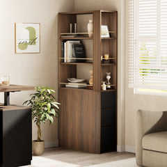 A tall storage unit combines open shelves, a lower cabinet, and side cubbies