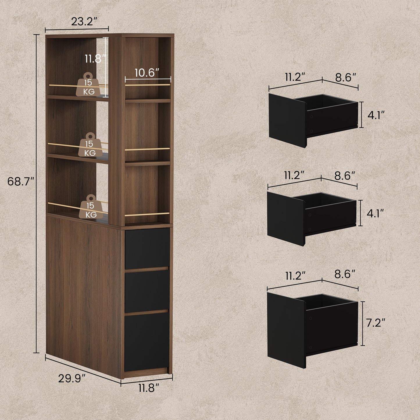 Soren 71" 3-Drawer Black Walnut Bookcase