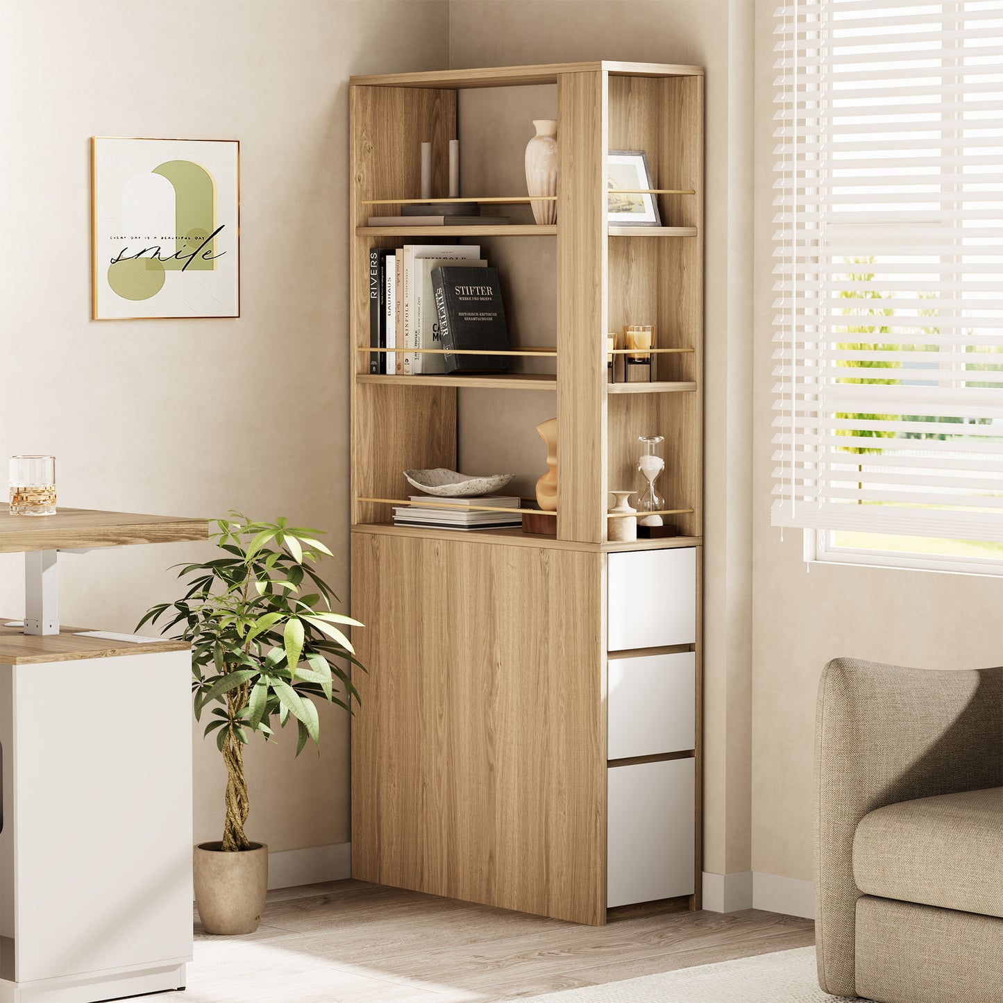 Soren 71" 3-Drawer Light Walnut Bookcase