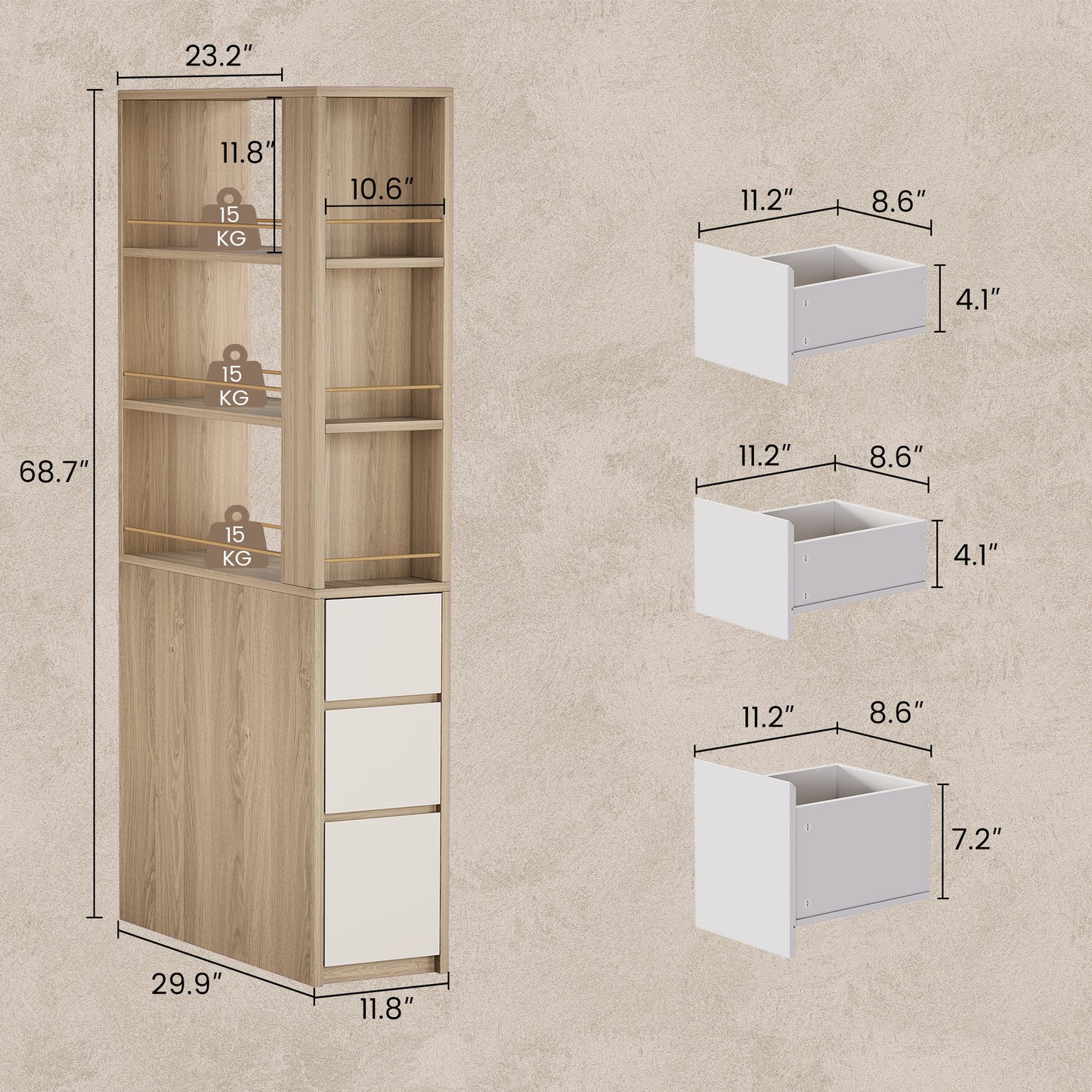 Soren 71" 3-Drawer Light Walnut Bookcase