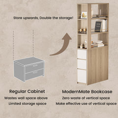 Comparison graphic contrasts a short two-drawer cabinet with a tall shelving cabinet