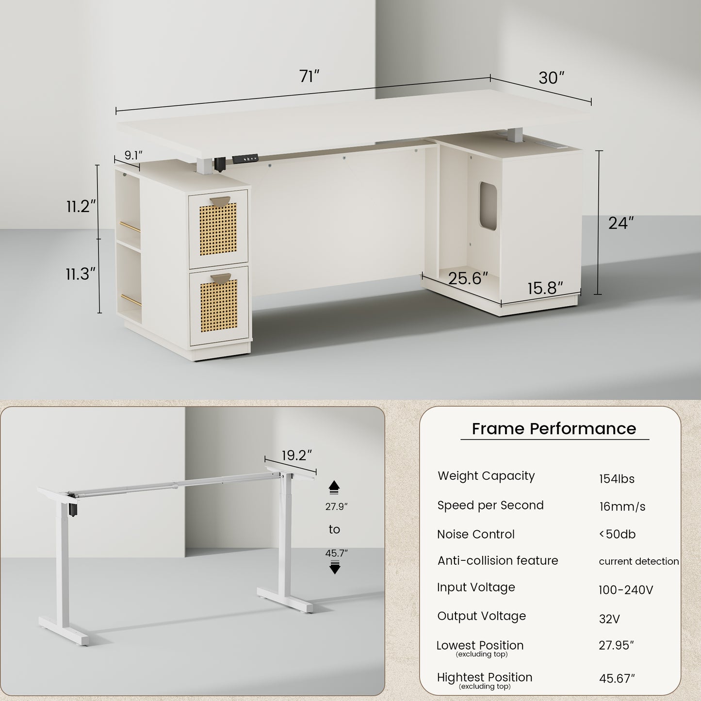 Soren 71" Height-Adjustable White Standing Desk