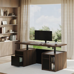 Dark wood-grain standing desk with a raised top, black-front storage and an open file drawer beside a window