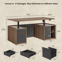Dimension diagram of a large brown height-adjustable desk with two storage cabinets and separate drawer measurements