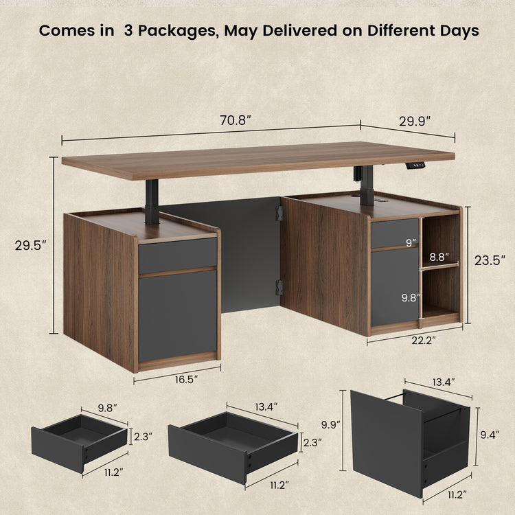 Dimension diagram of a large brown height-adjustable desk with two storage cabinets and separate drawer measurements