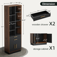 Tall narrow cabinet shown with drawer and storage dimension diagrams