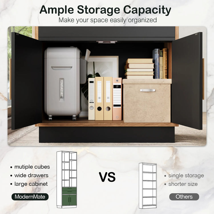 A comparison graphic shows an open dark storage cabinet above ModernMate and Others feature lists