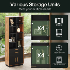 A storage graphic shows a tall black-and-wood tower with open shelves, drawers, doors, and enlarged panels for books, photos