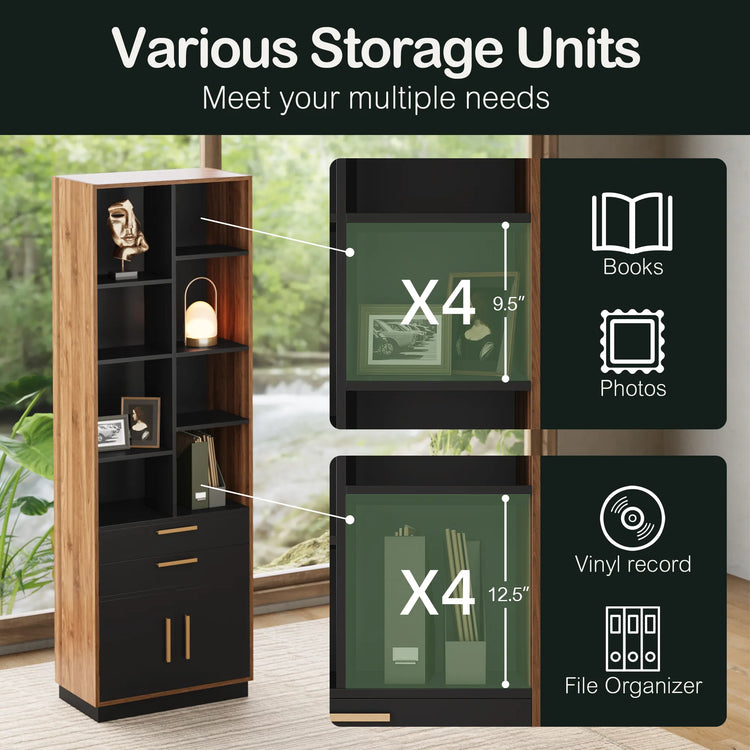 A storage graphic shows a tall black-and-wood tower with open shelves, drawers, doors, and enlarged panels for books, photos