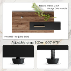 Graphic shows wood-grain and black panels with gold-colored handles and adjustable feet