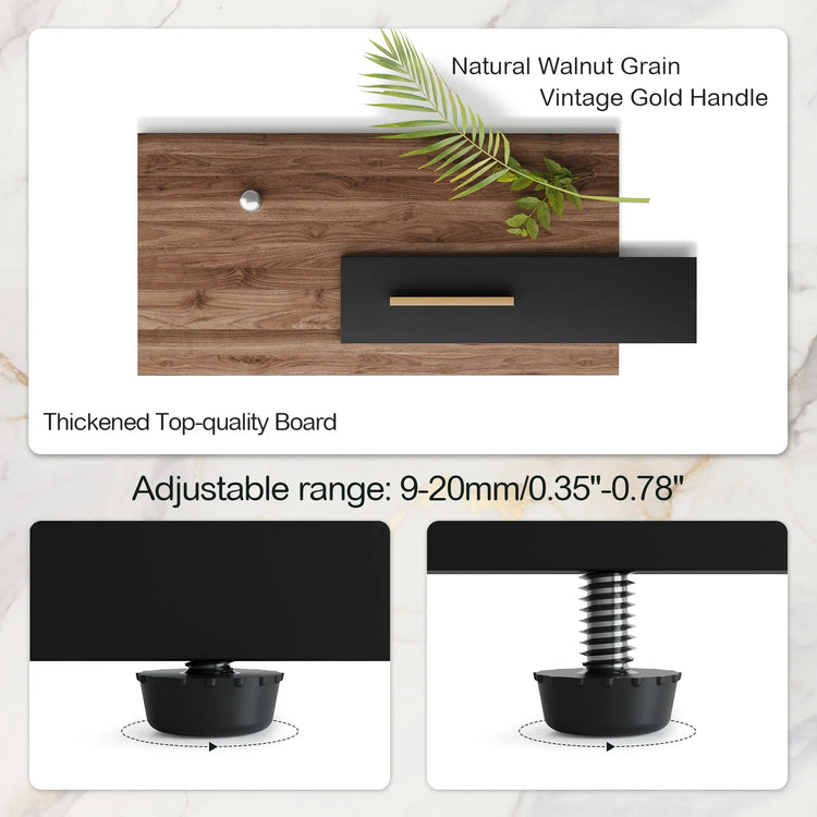 Graphic shows wood-grain and black panels with gold-colored handles and adjustable feet