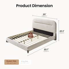 Dimension diagram of a cream-colored bed frame with exposed slats and a rounded headboard, labeled 65 inches wide, 89.7 inches long and 45.3 inches high.