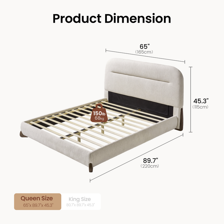 Dimension diagram of a cream-colored bed frame with exposed slats and a rounded headboard, labeled 65 inches wide, 89.7 inches long and 45.3 inches high.